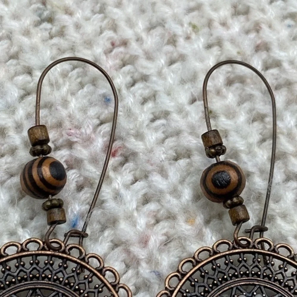 BohoDrop Earrings Round Ornate‎ Metal Wood Bead Hanging Earrings